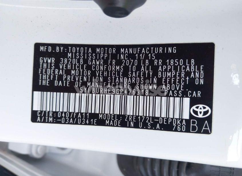 Photo 9 of 2016 Toyota Corolla L (VIN 5YFBURHE9GP426318)