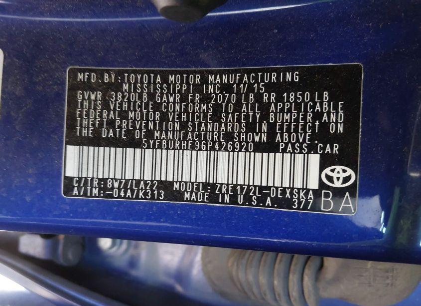 Photo 9 of 2016 Toyota Corolla S PREMIUM (VIN 5YFBURHE9GP426920)