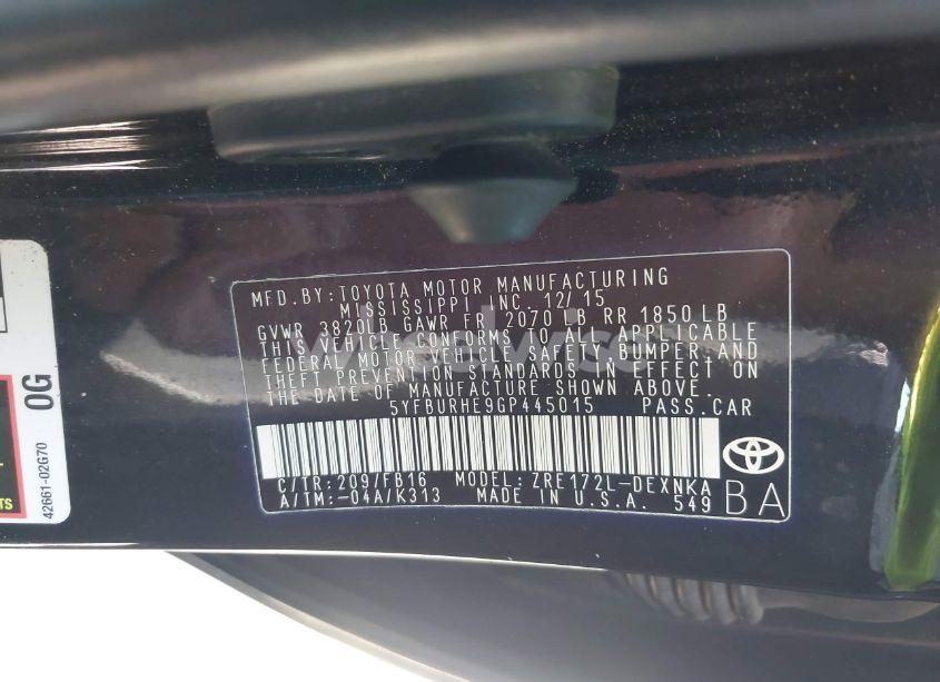 Photo 9 of 2016 Toyota Corolla LE (VIN 5YFBURHE9GP445015)