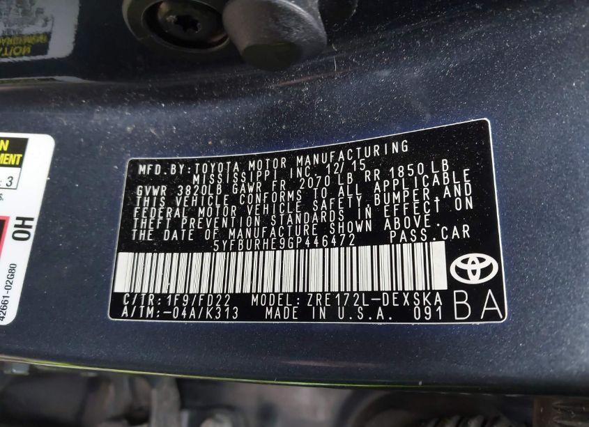 Photo 9 of 2016 Toyota Corolla S PLUS (VIN 5YFBURHE9GP446472)