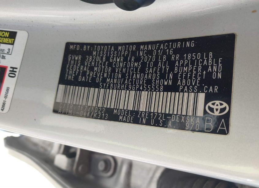 Photo 9 of 2016 Toyota Corolla S PLUS (VIN 5YFBURHE9GP455558)