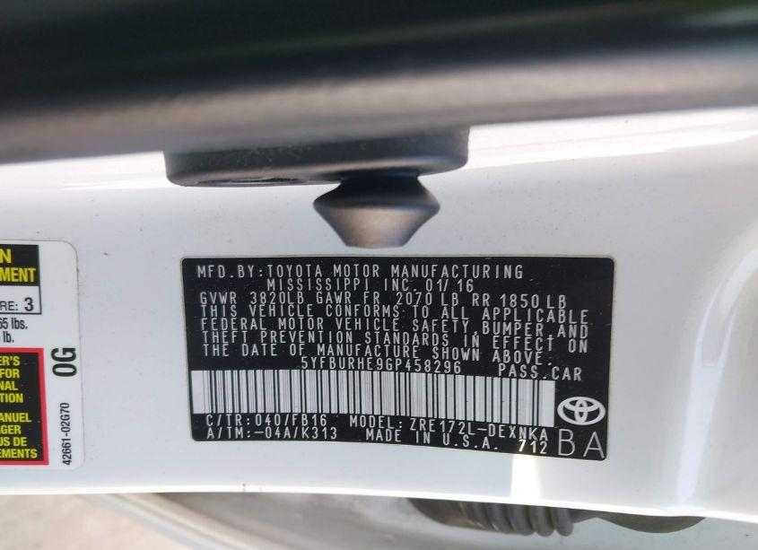 Photo 9 of 2016 Toyota Corolla LE (VIN 5YFBURHE9GP458296)