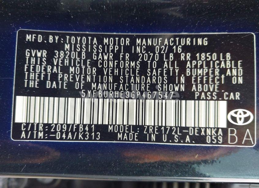 Photo 9 of 2016 Toyota Corolla LE PLUS (VIN 5YFBURHE9GP467547)