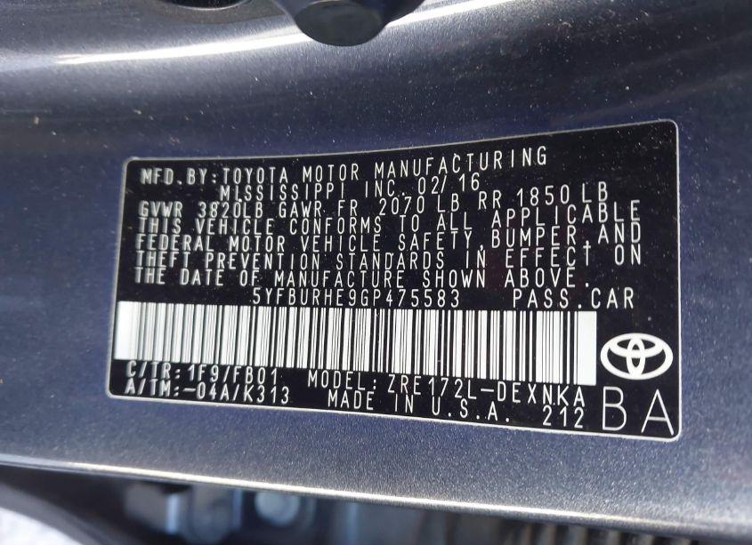 Photo 9 of 2016 Toyota Corolla LE (VIN 5YFBURHE9GP475583)