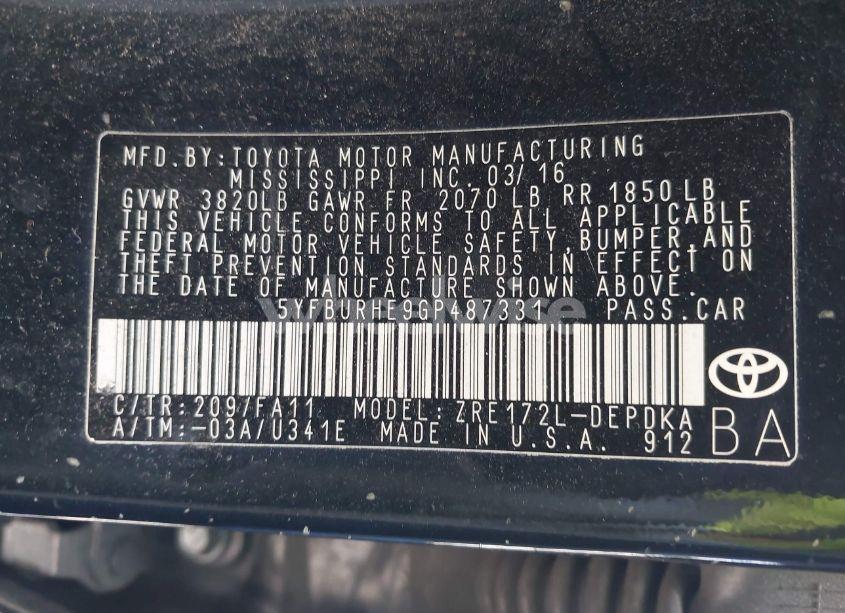 Photo 9 of 2016 Toyota Corolla L (VIN 5YFBURHE9GP487331)