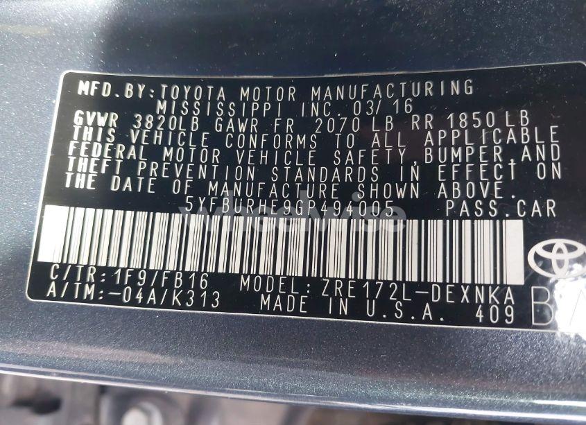 Photo 9 of 2016 Toyota Corolla LE (VIN 5YFBURHE9GP494005)