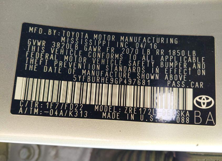 Photo 9 of 2016 Toyota Corolla S (VIN 5YFBURHE9GP497681)