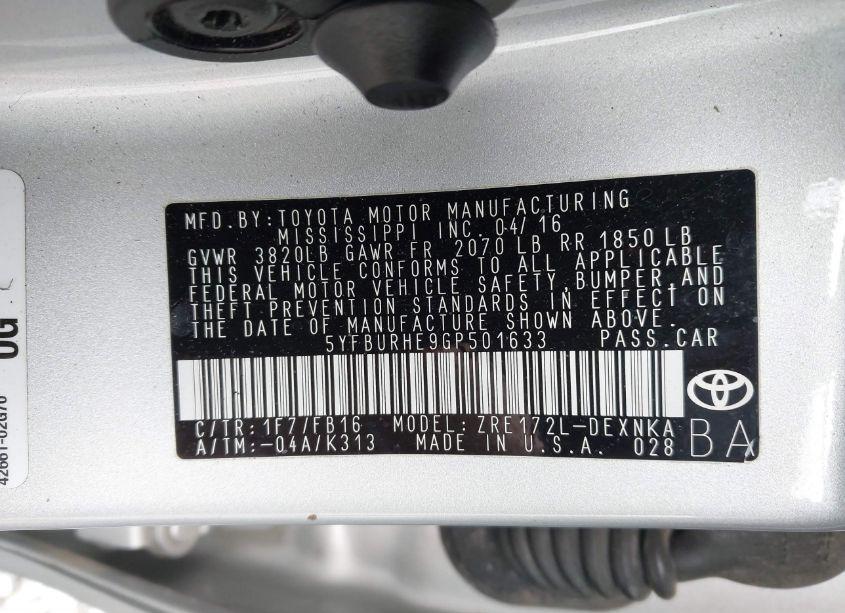 Photo 9 of 2016 Toyota Corolla LE (VIN 5YFBURHE9GP501633)