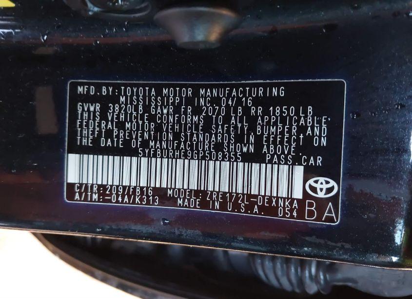 Photo 9 of 2016 Toyota Corolla LE (VIN 5YFBURHE9GP508355)