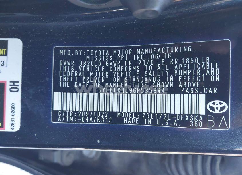 Photo 9 of 2016 Toyota Corolla S PLUS (VIN 5YFBURHE9GP535944)