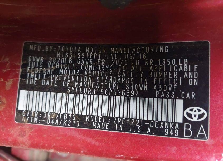 Photo 9 of 2016 Toyota Corolla LE (VIN 5YFBURHE9GP536592)