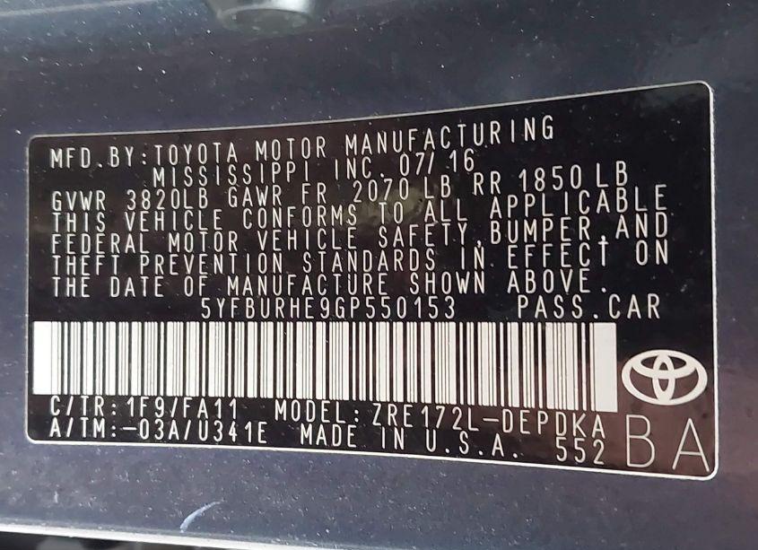 Photo 9 of 2016 Toyota Corolla L (VIN 5YFBURHE9GP550153)