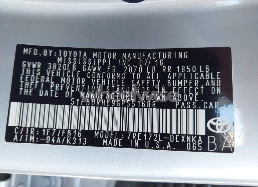 Photo 9 of 2016 Toyota Corolla LE (VIN 5YFBURHE9GP551688)