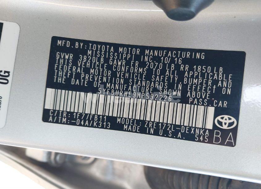 Photo 9 of 2017 Toyota Corolla LE (VIN 5YFBURHE9HP592226)