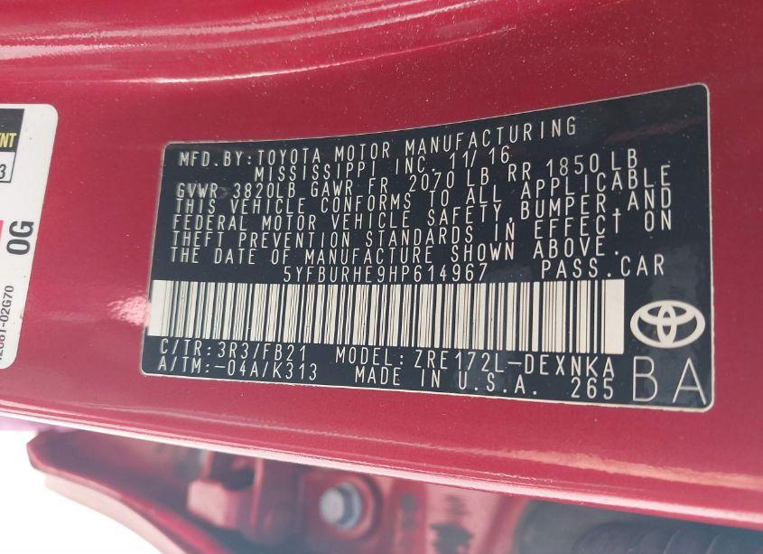 Photo 9 of 2017 Toyota Corolla LE (VIN 5YFBURHE9HP614967)