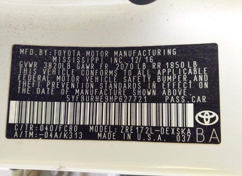 Photo 9 of 2017 Toyota Corolla SE (VIN 5YFBURHE9HP627721)