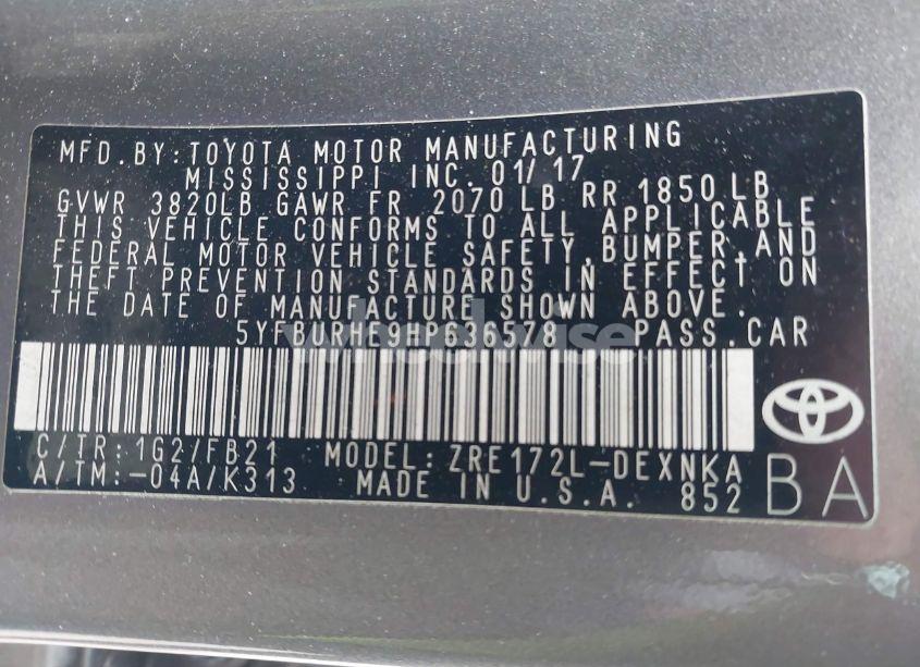 Photo 9 of 2017 Toyota Corolla LE (VIN 5YFBURHE9HP636578)