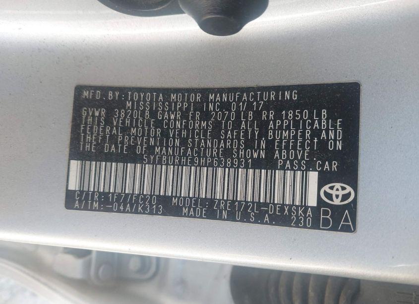 Photo 9 of 2017 Toyota Corolla L/LE/SE/SE SPECIAL EDITION/XLE/XSE (VIN 5YFBURHE9HP638931)