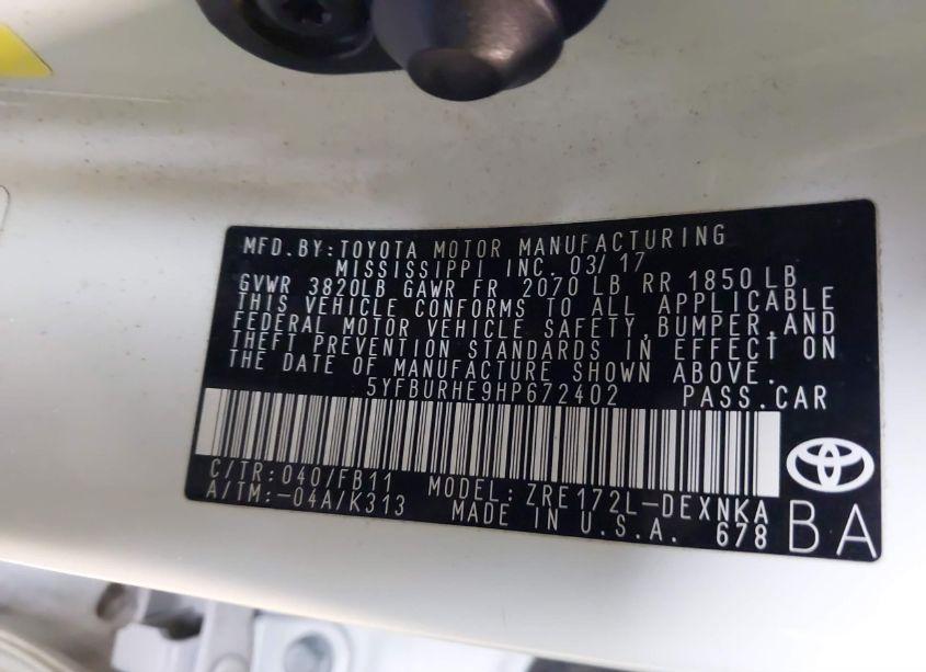 Photo 9 of 2017 Toyota Corolla LE (VIN 5YFBURHE9HP672402)