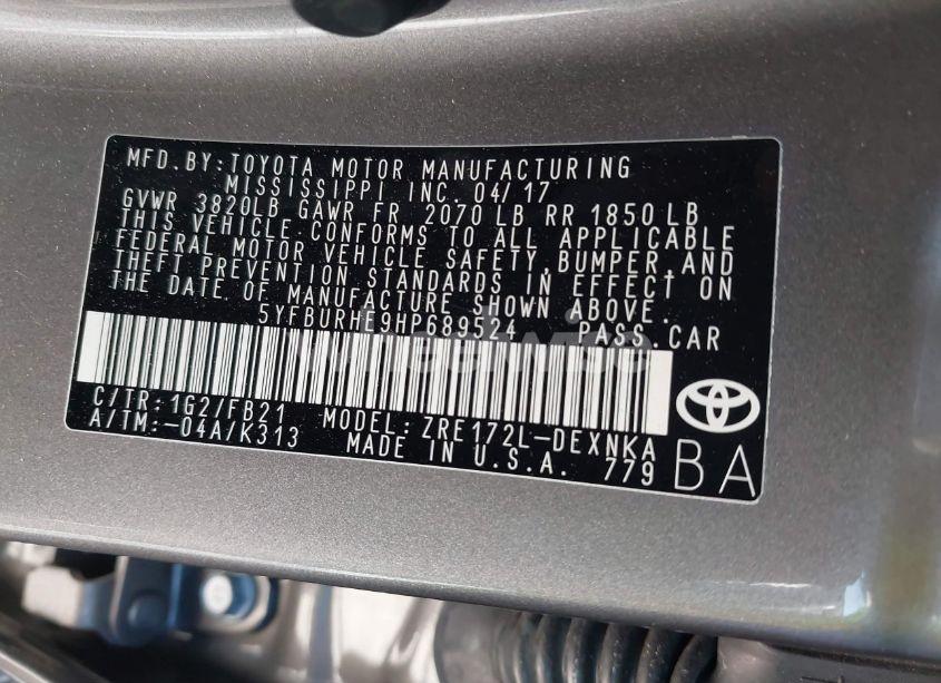 Photo 9 of 2017 Toyota Corolla LE (VIN 5YFBURHE9HP689524)