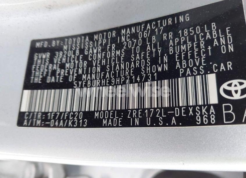 Photo 9 of 2017 Toyota Corolla L/LE/XLE/SE/XSE (VIN 5YFBURHE9HP714731)