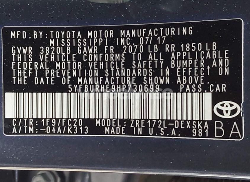 Photo 9 of 2017 Toyota Corolla SE (VIN 5YFBURHE9HP730699)