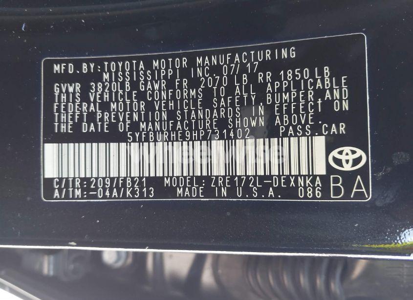 Photo 9 of 2017 Toyota Corolla LE (VIN 5YFBURHE9HP731402)