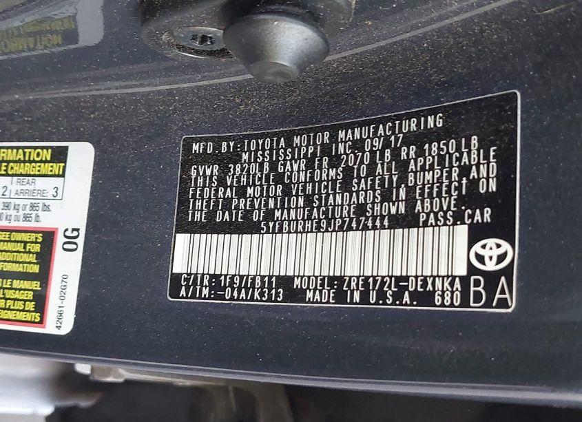 Photo 9 of 2018 Toyota Corolla LE (VIN 5YFBURHE9JP747444)