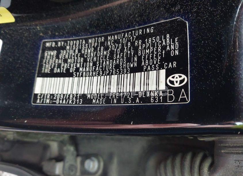 Photo 9 of 2018 Toyota Corolla LE (VIN 5YFBURHE9JP765393)