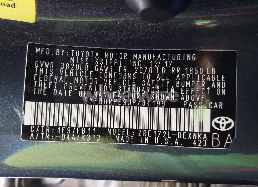 Photo 9 of 2018 Toyota Corolla LE (VIN 5YFBURHE9JP784199)
