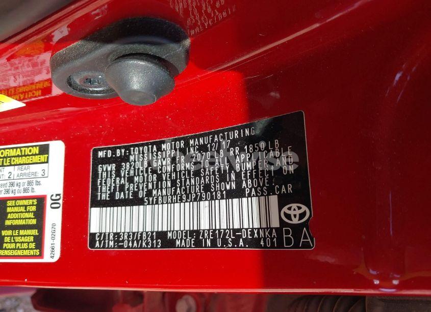 Photo 9 of 2018 Toyota Corolla LE (VIN 5YFBURHE9JP790181)