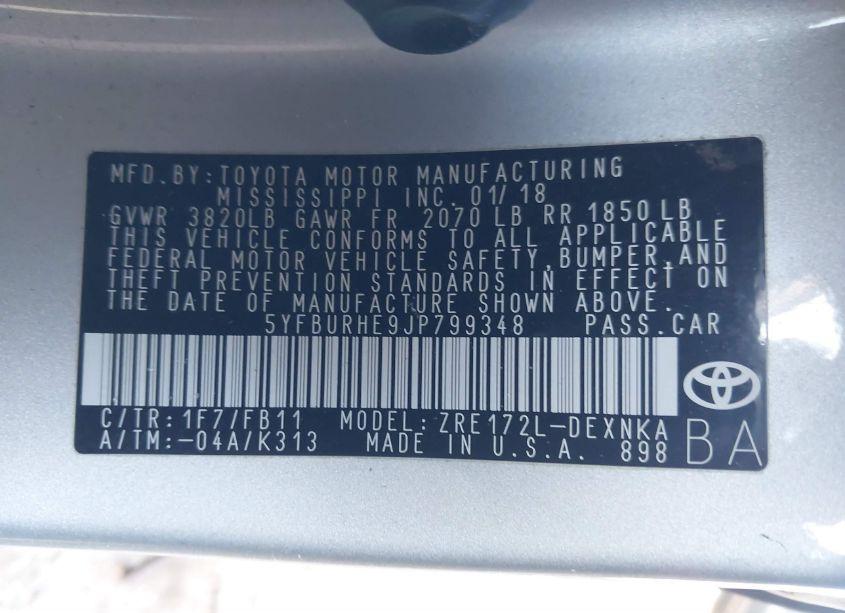 Photo 9 of 2018 Toyota Corolla LE (VIN 5YFBURHE9JP799348)