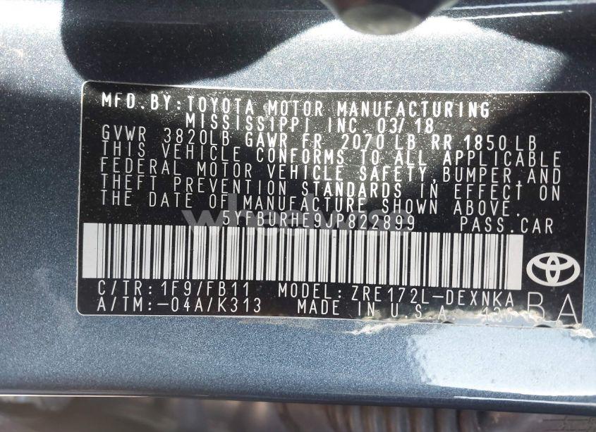 Photo 9 of 2018 Toyota Corolla LE (VIN 5YFBURHE9JP822899)