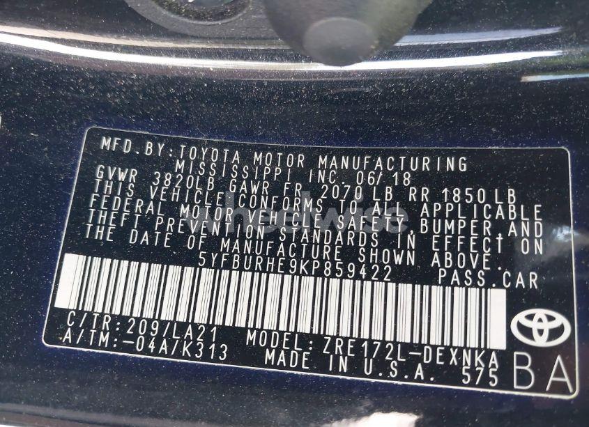 Photo 9 of 2019 Toyota Corolla XLE (VIN 5YFBURHE9KP859422)