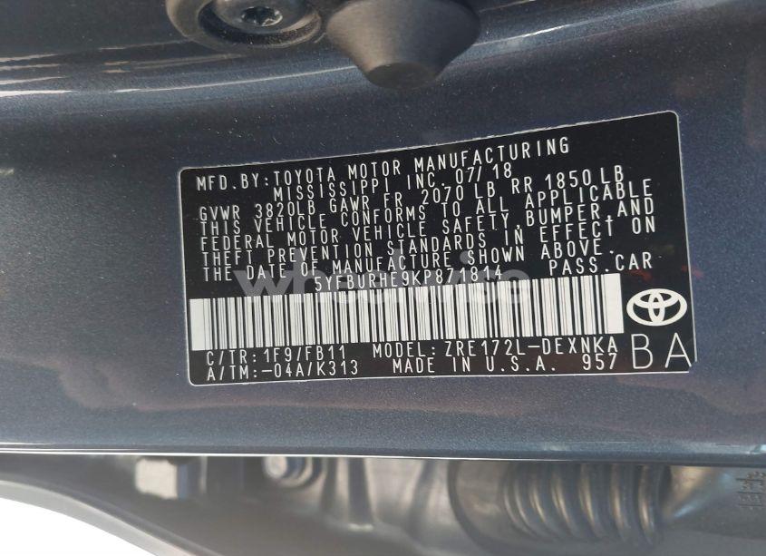 Photo 9 of 2019 Toyota Corolla LE (VIN 5YFBURHE9KP871814)