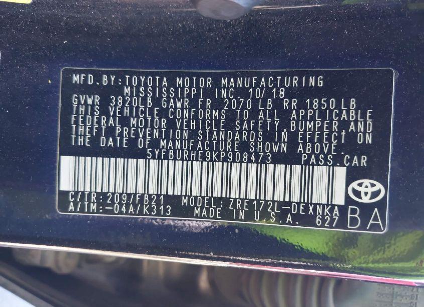 Photo 9 of 2019 Toyota Corolla LE (VIN 5YFBURHE9KP908473)