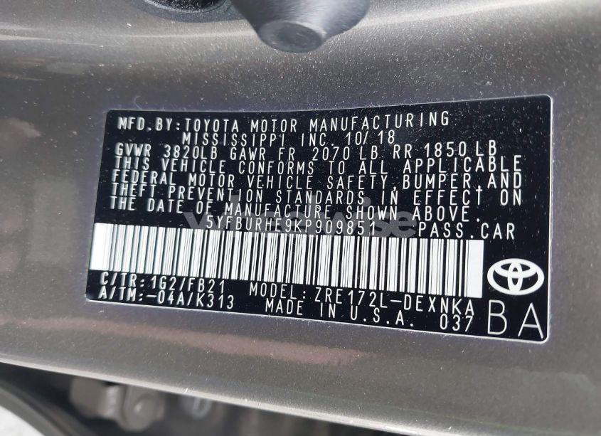 Photo 9 of 2019 Toyota Corolla LE (VIN 5YFBURHE9KP909851)