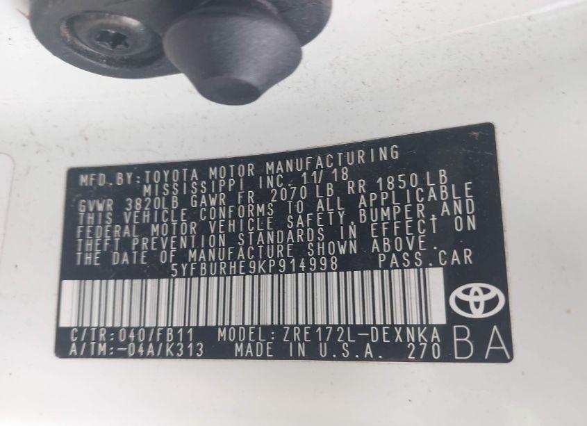 Photo 9 of 2019 Toyota Corolla LE (VIN 5YFBURHE9KP914998)