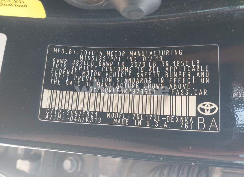 Photo 9 of 2019 Toyota Corolla LE (VIN 5YFBURHE9KP929601)