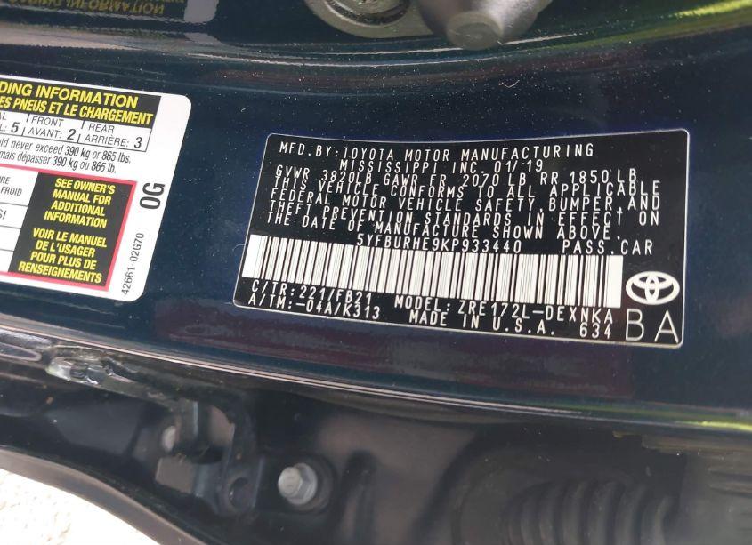 Photo 9 of 2019 Toyota Corolla LE (VIN 5YFBURHE9KP933440)