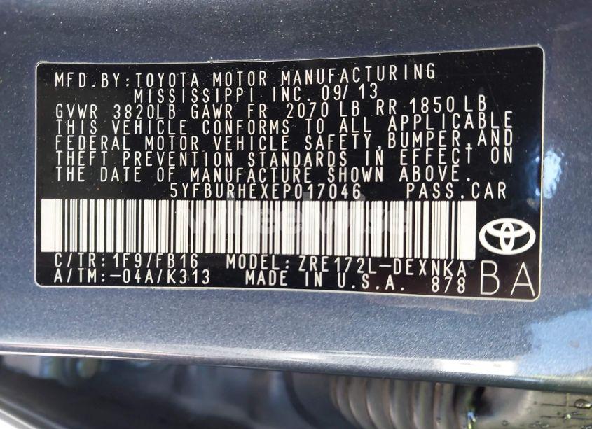 Photo 9 of 2014 Toyota Corolla LE PLUS (VIN 5YFBURHEXEP017046)