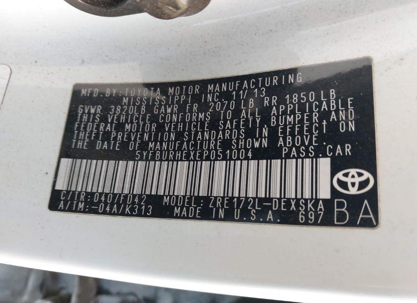 Photo 9 of 2014 Toyota Corolla S PLUS (VIN 5YFBURHEXEP051004)