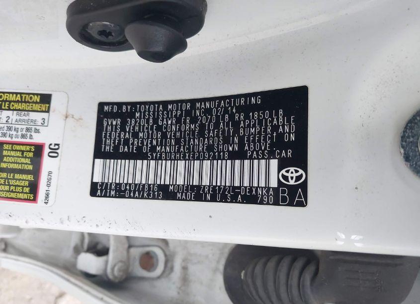 Photo 9 of 2014 Toyota Corolla LE (VIN 5YFBURHEXEP092118)