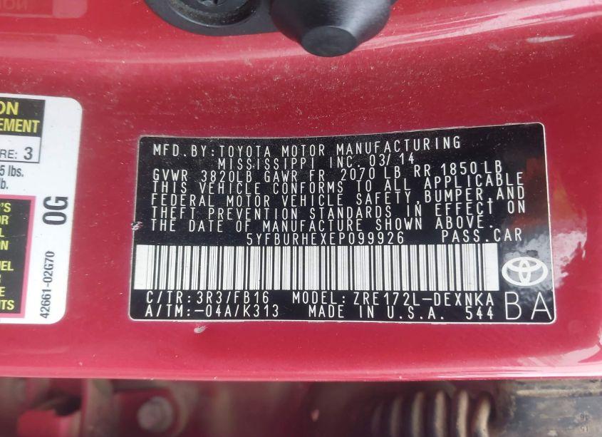 Photo 9 of 2014 Toyota Corolla LE (VIN 5YFBURHEXEP099926)