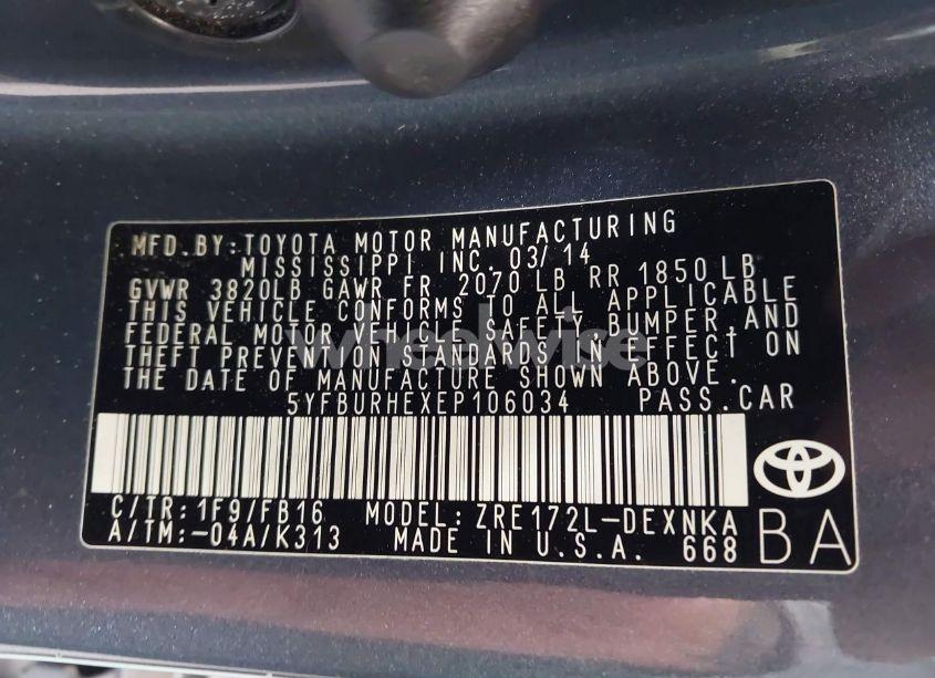 Photo 9 of 2014 Toyota Corolla LE (VIN 5YFBURHEXEP106034)