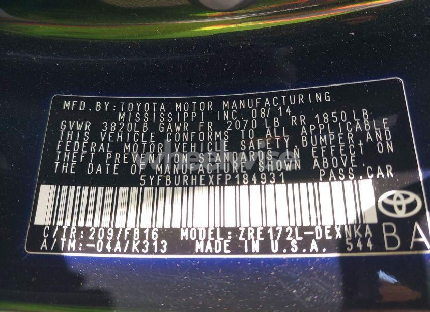 Photo 9 of 2015 Toyota Corolla LE (VIN 5YFBURHEXFP184931)