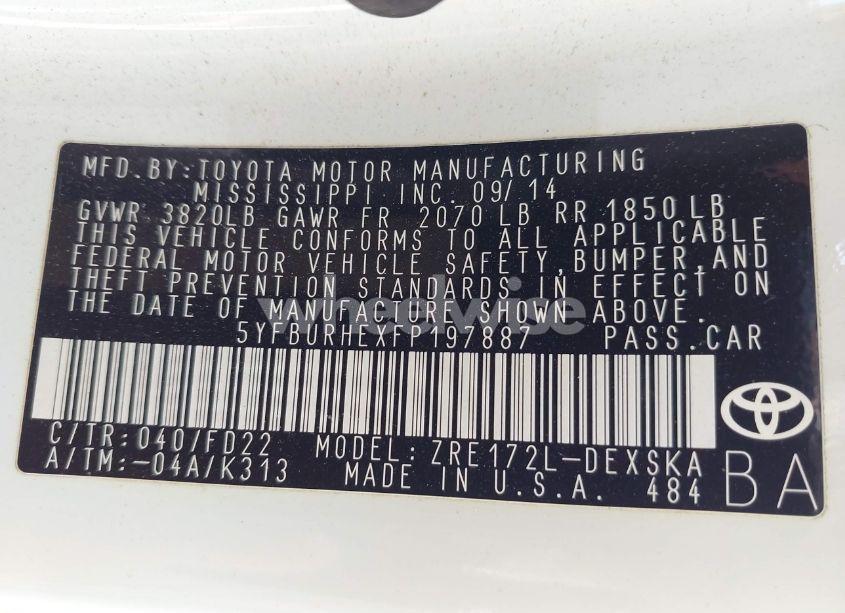 Photo 9 of 2015 Toyota Corolla L/LE/LE PLUS/LE PREMIUM/S/S PLUS/S PREMIUM (VIN 5YFBURHEXFP197887)