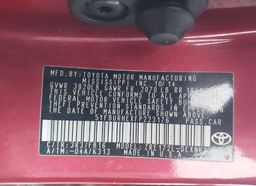 Photo 9 of 2015 Toyota Corolla LE (VIN 5YFBURHEXFP223176)