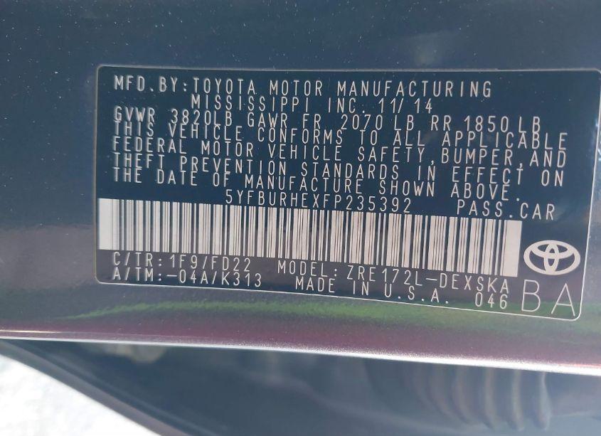 Photo 9 of 2015 Toyota Corolla S PLUS (VIN 5YFBURHEXFP235392)