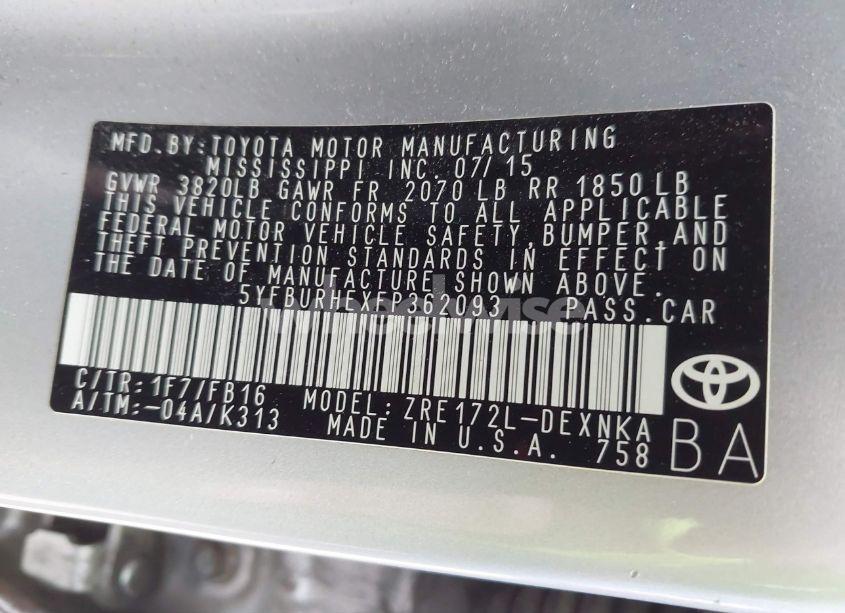 Photo 9 of 2015 Toyota Corolla LE/LE PLUS/LE PREMIUM (VIN 5YFBURHEXFP362093)